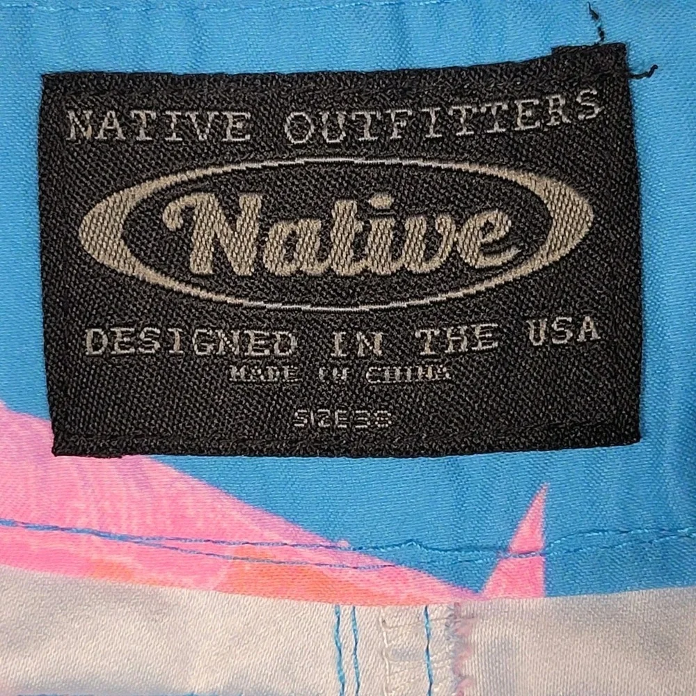 Native Blue Pink Shark Print Swim Trunks Mens M Board Shorts Zip Pocket Vacation